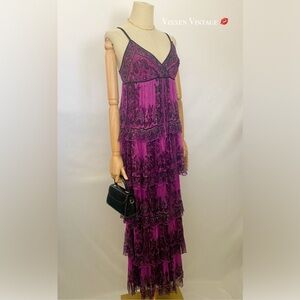 VINTAGE Y2K BOHO BEADED V-NECK MERMAID FLOOR-LENGTH CHIFFON TIERED FORMAL DRESS